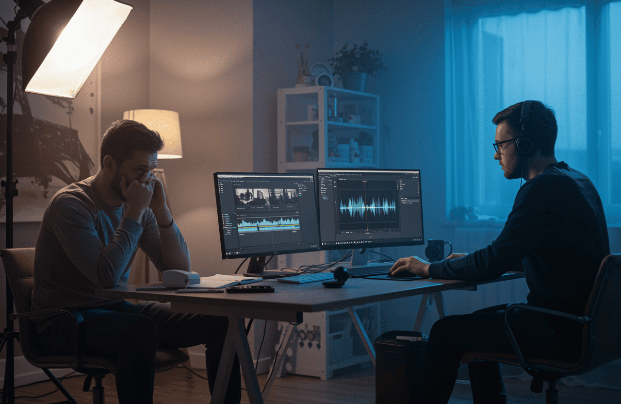 FX Productions Canada Two men working at a desk with dual monitors in a dimly lit room—one editing audio, the other sitting thoughtfully with hands on his face—capture the creative process at FX Productions Canada. Toronto Video Production Company