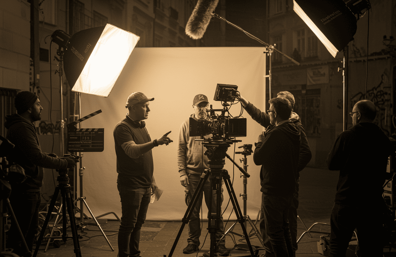 FX Productions Canada A film crew from FX Productions Canada sets up lighting and camera equipment on a set with a backdrop, as multiple crew members discuss and adjust gear. Toronto Video Production Company