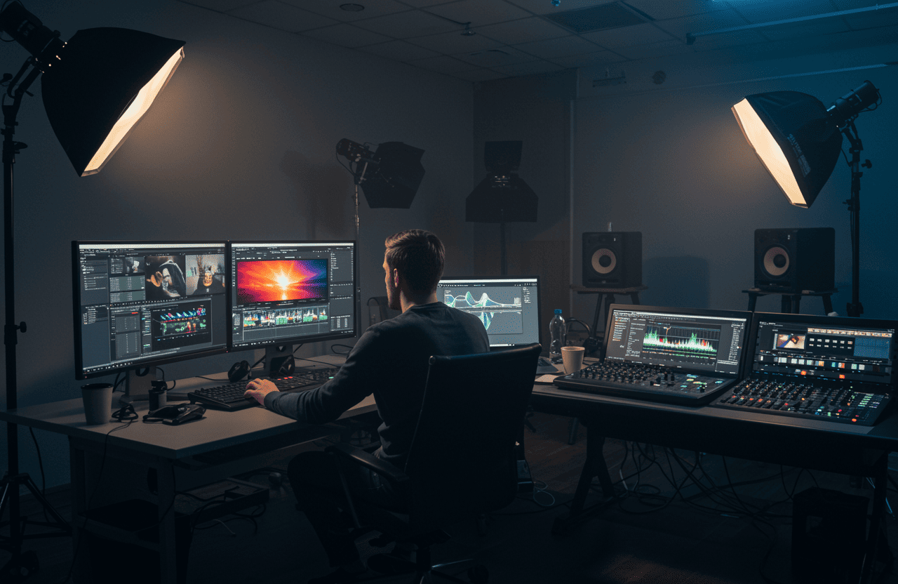 FX Productions Canada A person sits at a workstation with multiple monitors and audio equipment, editing video and audio in a studio with professional lighting at FX Productions Canada, a leading Toronto Production Company. Toronto Video Production Company