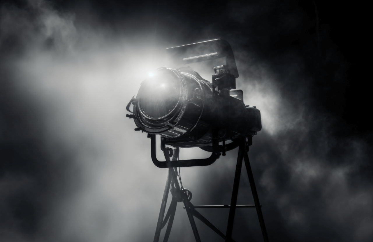 FX Productions Canada A studio spotlight on a tripod shines brightly through haze, casting visible beams of light in a dark, smoky environment—capturing the cinematic style favored by Toronto Production Company. Toronto Video Production Company