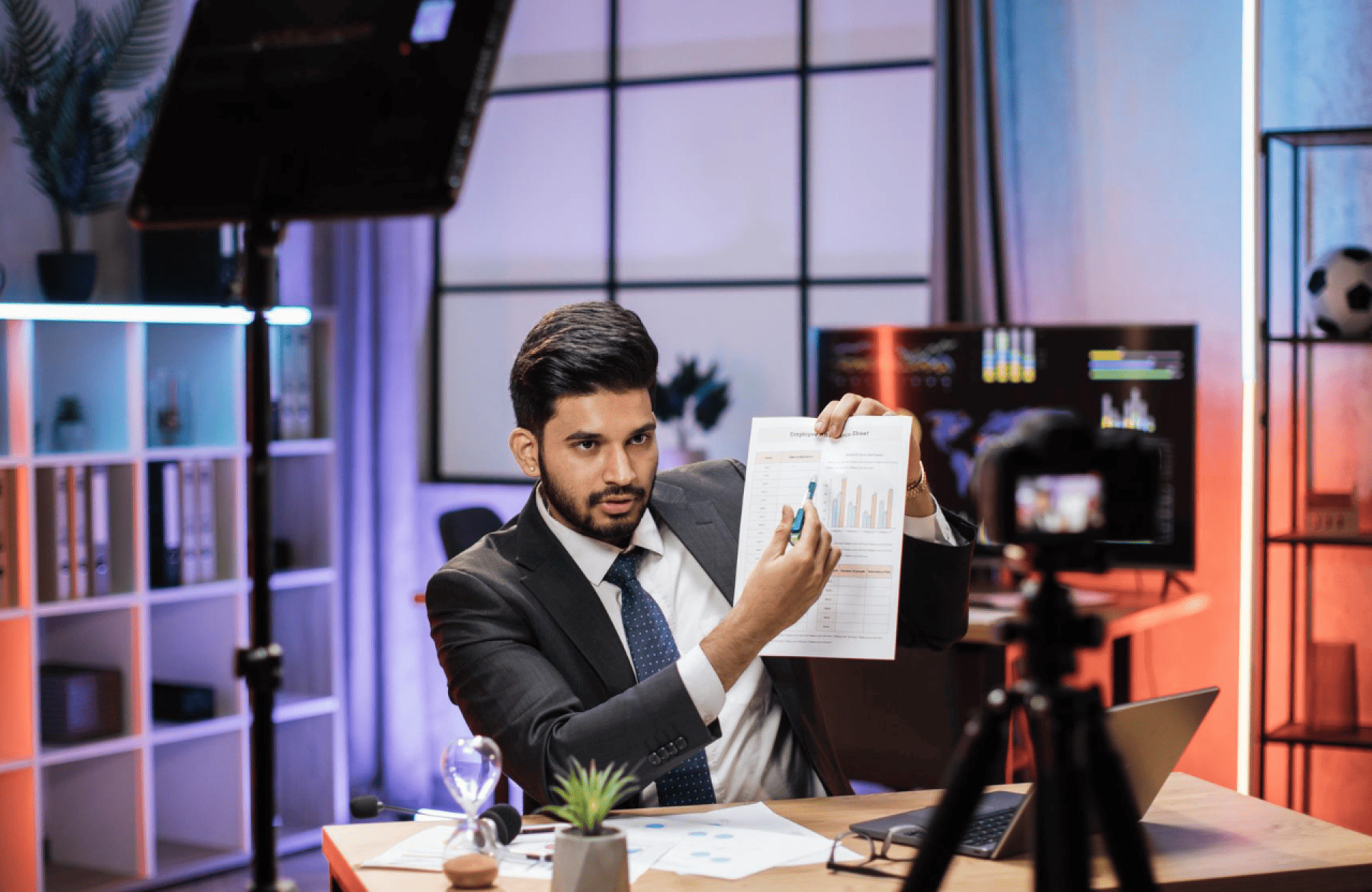 FX Productions Canada A man in a suit sits at a desk, pointing at a printed chart while speaking to a camera in the modern Toronto Production Company office, with bookshelves and screens in the background. Toronto Video Production Company