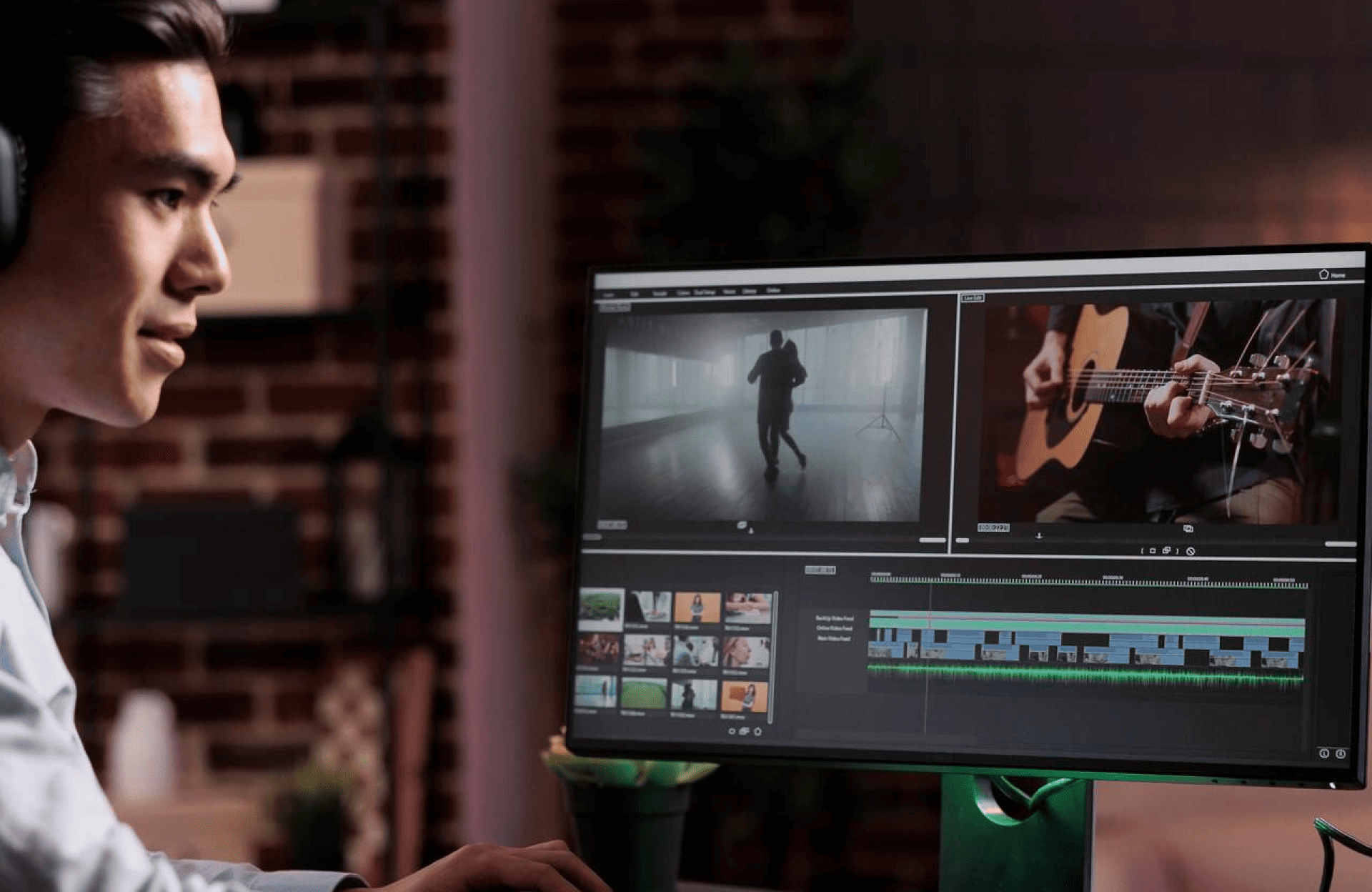 FX Productions Canada Person wearing headphones edits video footage on a computer monitor displaying multiple video clips and a timeline in a dimly lit room. Toronto Video Production Company