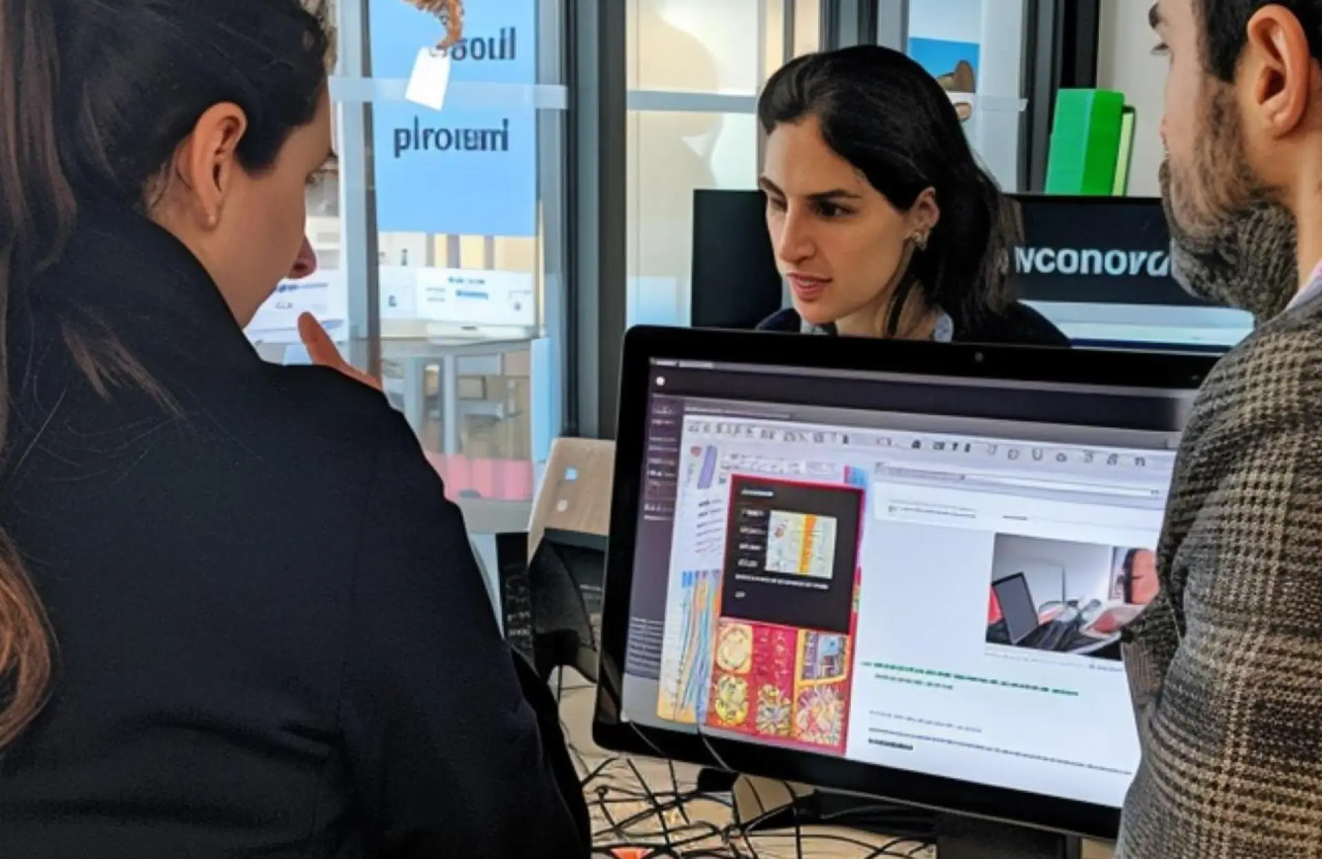 FX Productions Canada Three people are gathered around a computer monitor displaying a document with images and text in a modern office setting. Toronto Video Production Company