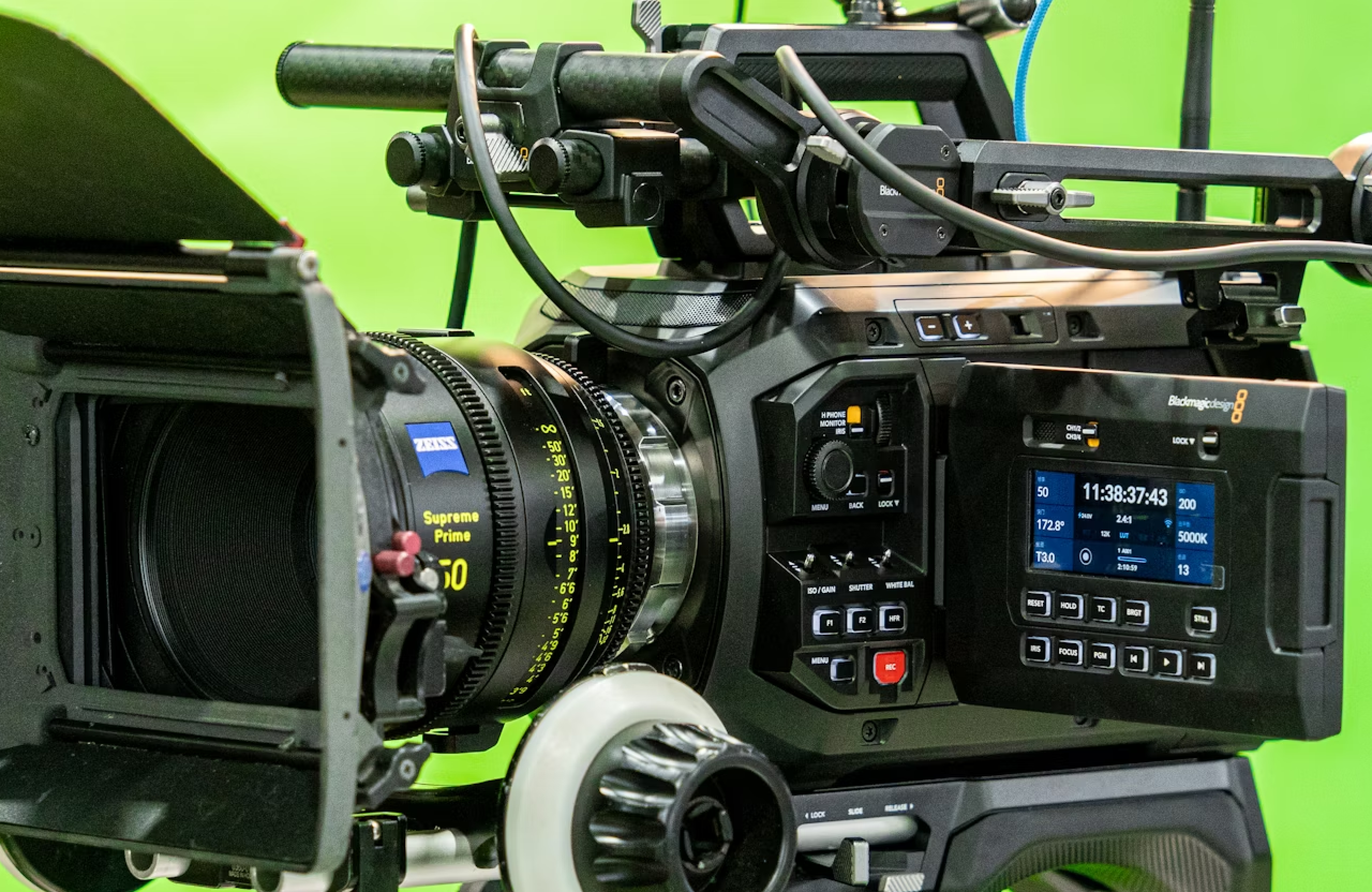 FX Productions Canada Close-up of a professional digital cinema camera with a Zeiss Supreme Prime lens against a green screen, ideal for Toronto music video production. Toronto Video Production Company