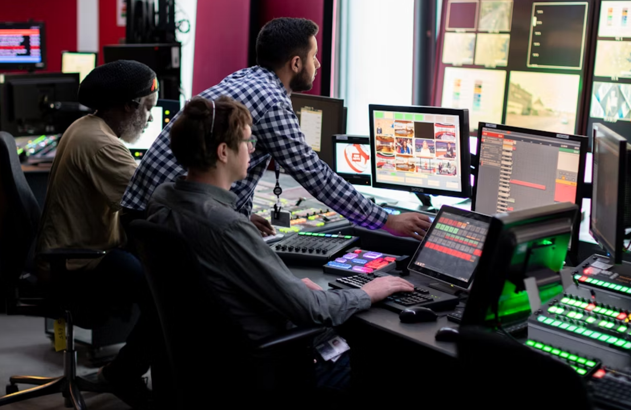 FX Productions Canada Three people operate computers and control panels in a broadcast control room, monitoring multiple screens—a typical scene behind the scenes at top video production companies Toronto has to offer. Toronto Video Production Company