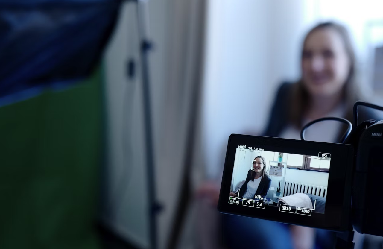 FX Productions Canada A woman is being filmed in an indoor setting, visible on the camera screen in the foreground, with blurred background elements. Toronto Video Production Company