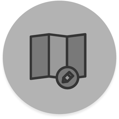 FX Productions Canada Icon of a folded map with a pencil symbol in front, shown on a gray circular background—ideal for a Video Production Company Toronto seeking creative direction and planning. Toronto Video Production Company